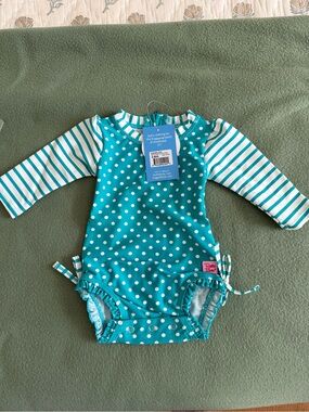 NEW RuffleButts Teal Polka Dot Long Sleeve Rashguard One Piece UPF 50+